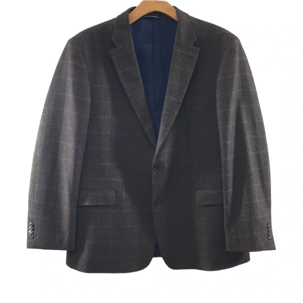 Tommy Hilfiger Brown Blue Check Sport Coat Wool Blazer Mens 44 Two‎ Button Front